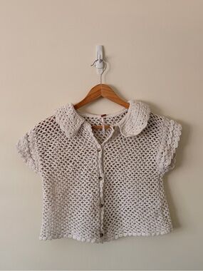 Free People Cream Crochet Button-Front Top